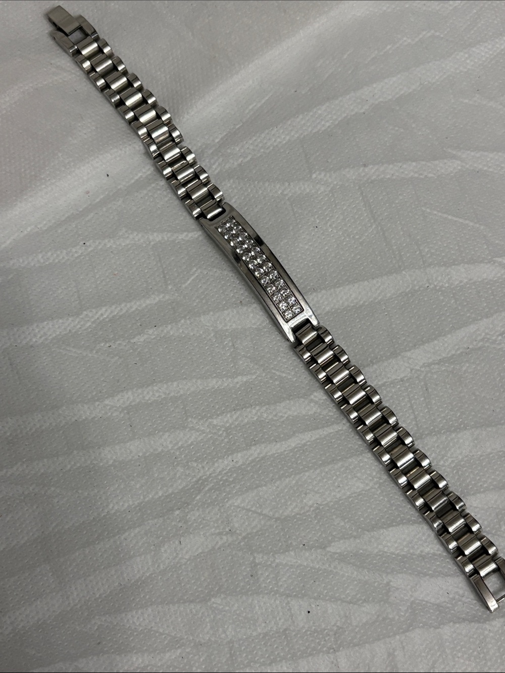 Silver Stainless Steel Link Bracelet with Crystal Accent